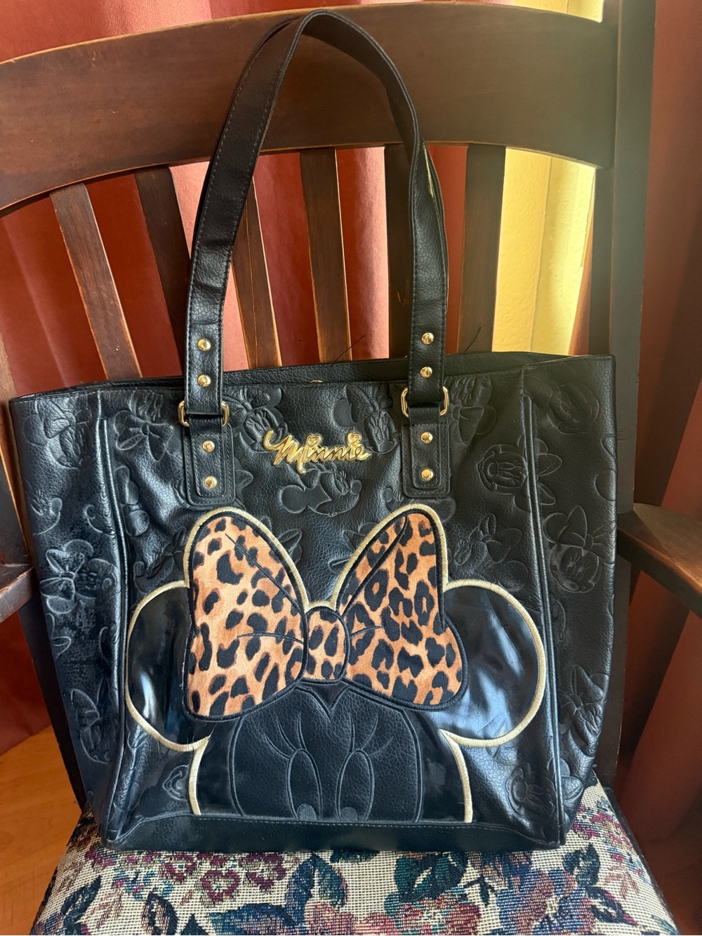 Loungefly Black Tote with Leopard Bow Minnie Appliqué